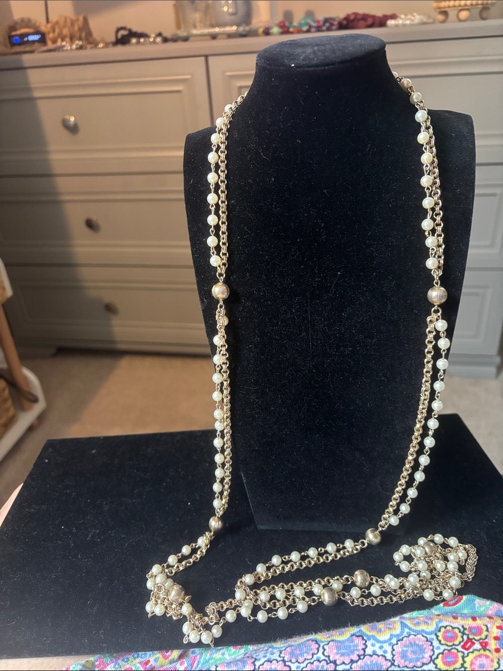 Vintage, double strand, Gold-Tone Pearl Long Station Necklace
